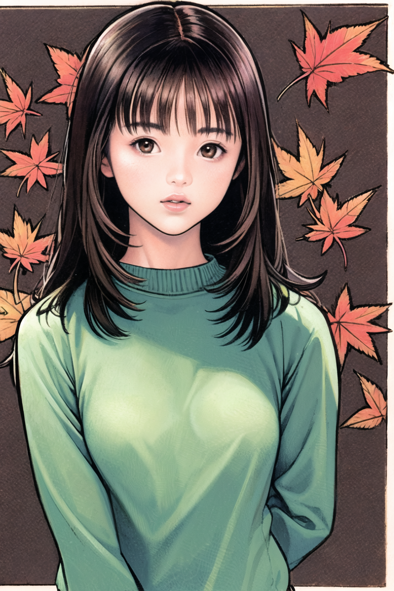 04695-3861752040-1girl, solo, brown hair, brown eyes, sweater, looking at viewer, leaf, upper body, long hair, long sleeves, sleeves past wrists,.png